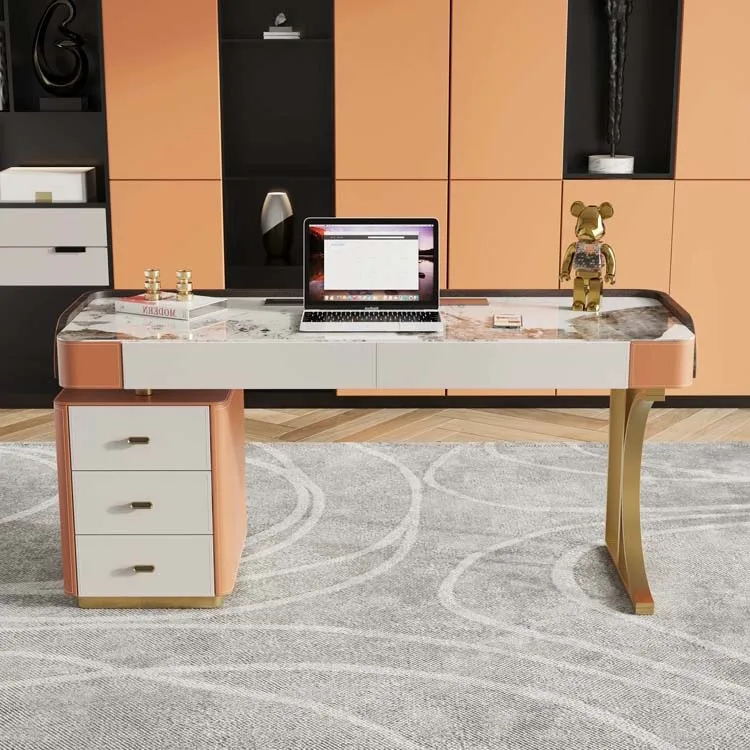 

xx-Luxury Home Office Desk Sintered Stone Top Office Desk Furniture With Drawer Stainless Steel Frame Leather Boss Desk^