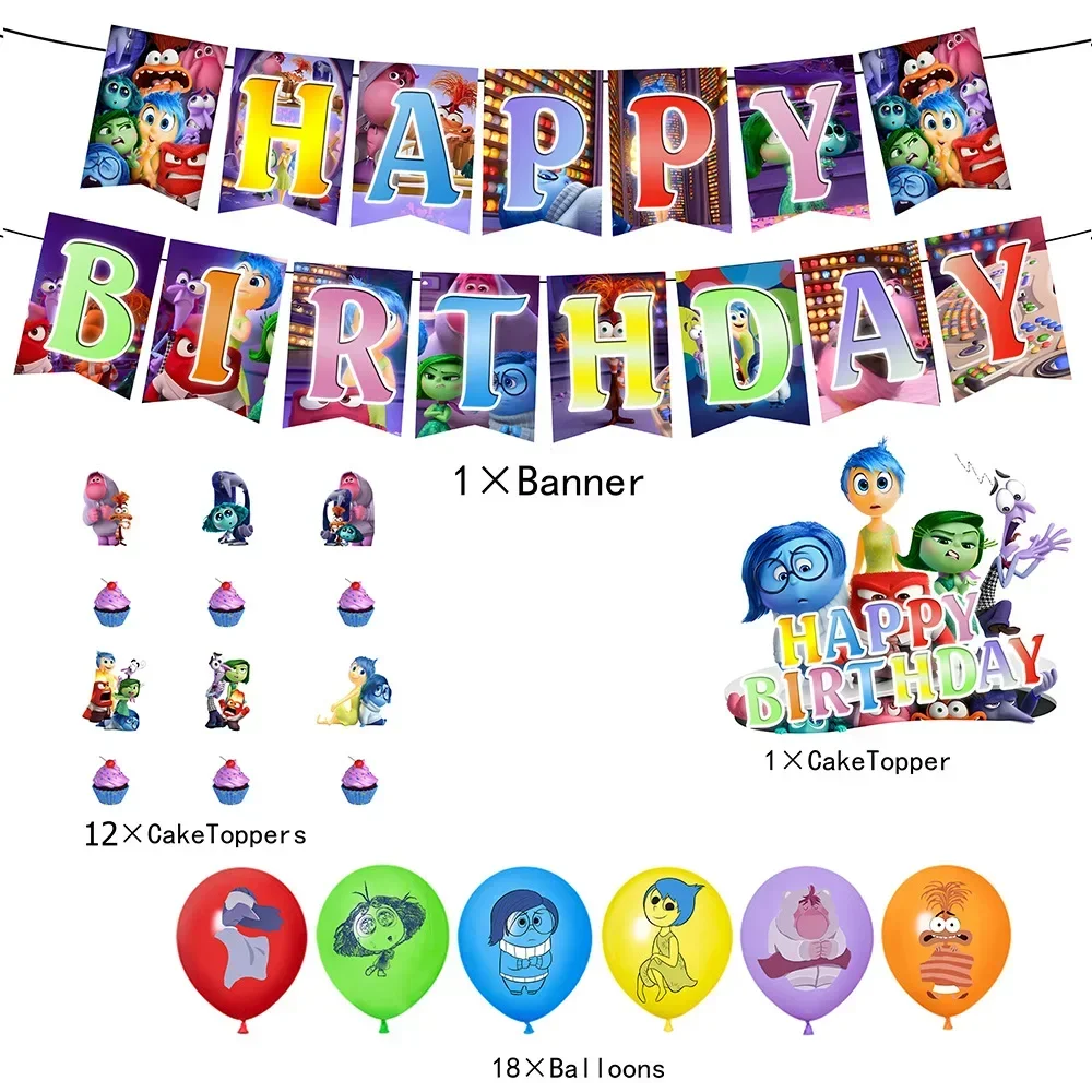 Inside Out 2 party series Party Disposable Banner Cake Topper Hanging Flag  Inside Out Balloons style Birthday Cake Decoration