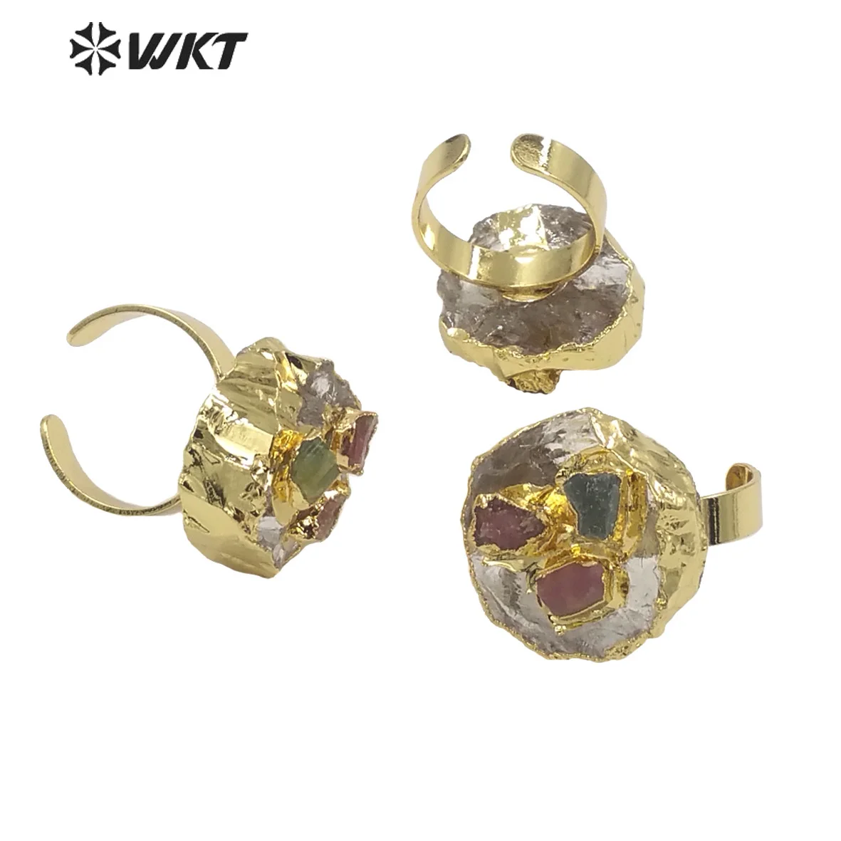 WT-R400 WKT Hot Sales Natural Stone Rings Spherical Raw Crystal Quartz Colorful Tourmaline Lady Jewelry Fashion Adjustable Size