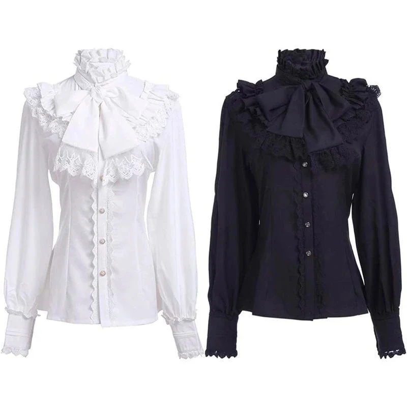 Women Gothic Victorian Blouse Ruffled, High Collar Shirt Long Sleeve, Lace Bow Tie Vintage Steampunk, Lolita Top Black White