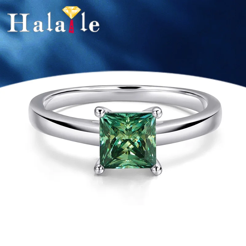

Halaile Green Princess Cut Moissanite S925 Sterling Silver Solitaire Ring with GRA Fine Jewelry Women's Engagement Wedding Gift
