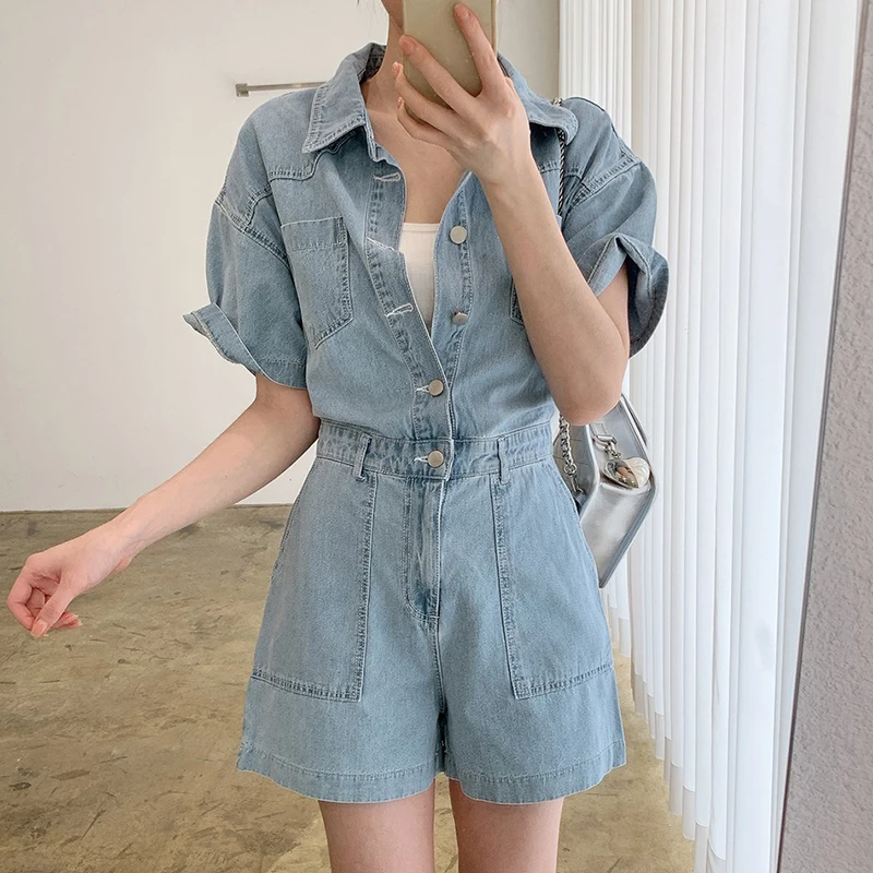 

Chic Summer Vintage Turn-down Collar Single Button Slimming Multi-ket Denim Overalls orts Women High Waist Wide Leg Pants