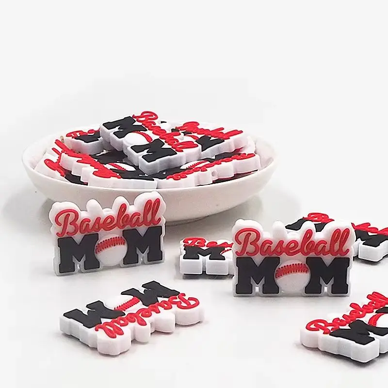 Chenkai 50PCS Soccer Baseball Mom Focal Beads For Pen Beadable Pen Silicone Charms Character Beads For Pen Making DIY Pacifiers