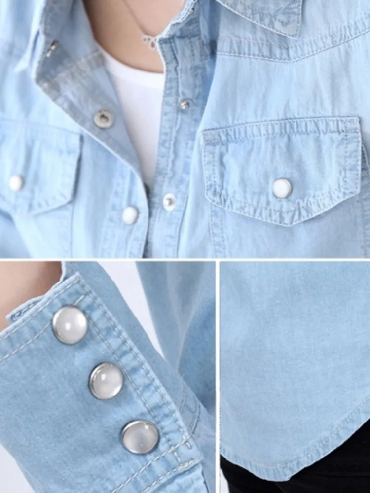 Casual Blue Denim Shirts Women Basic Single-Breasted Vintage Fashion Turn Doen Collar Long Sleeve Tops New Summer 2023