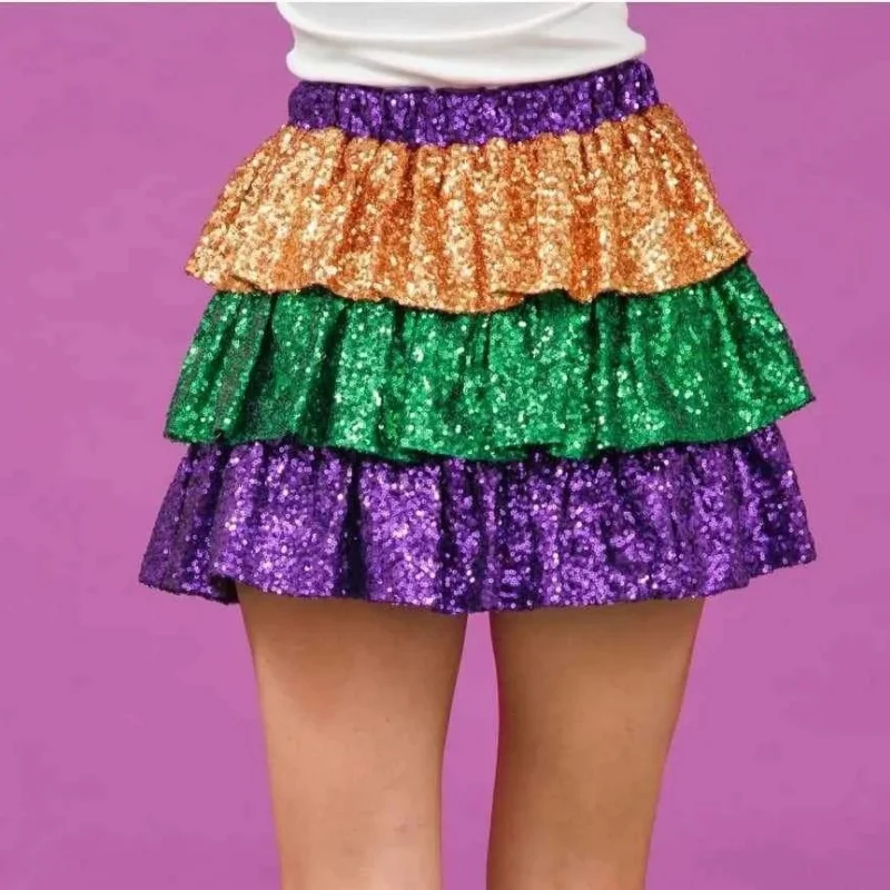 กระโปรงมินิสั้นหลายชั้นแต่งระบายเลื่อมสีสันสดใส สายเดี่ยว สไตล์ปาร์ตี้ คลับ แฟชั่น Y2K สตรีทแวร์