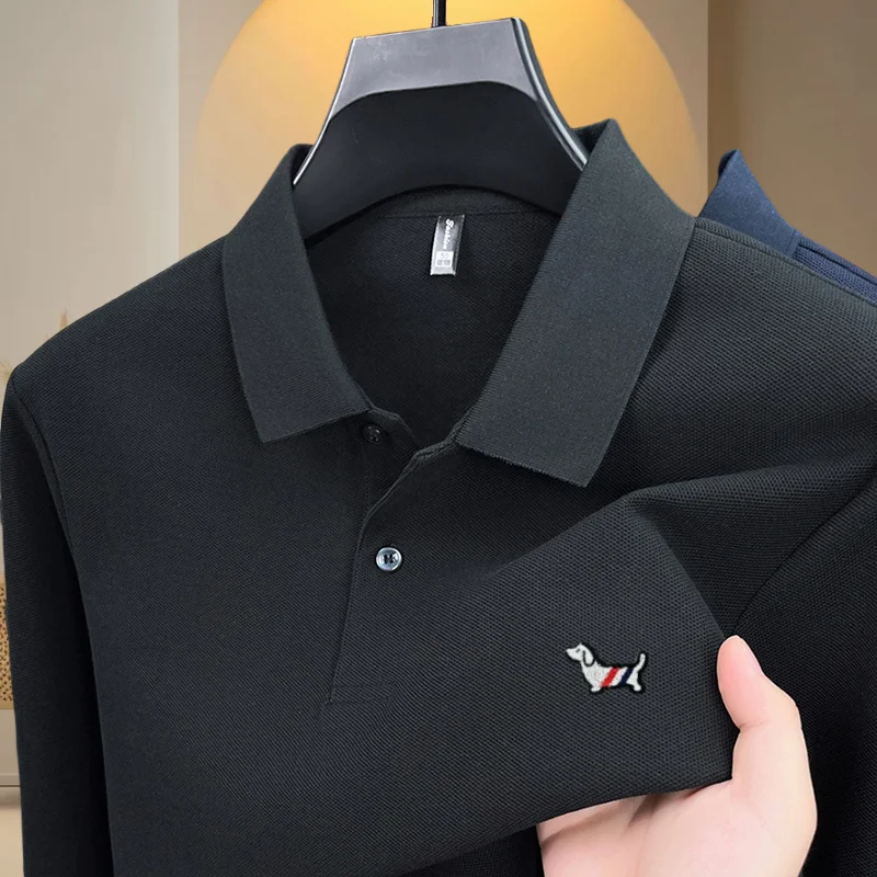 

100% cotton spring and autumn hot selling new luxury brand puppy badge polo shirt men's golf casual comfortable long sleeved top