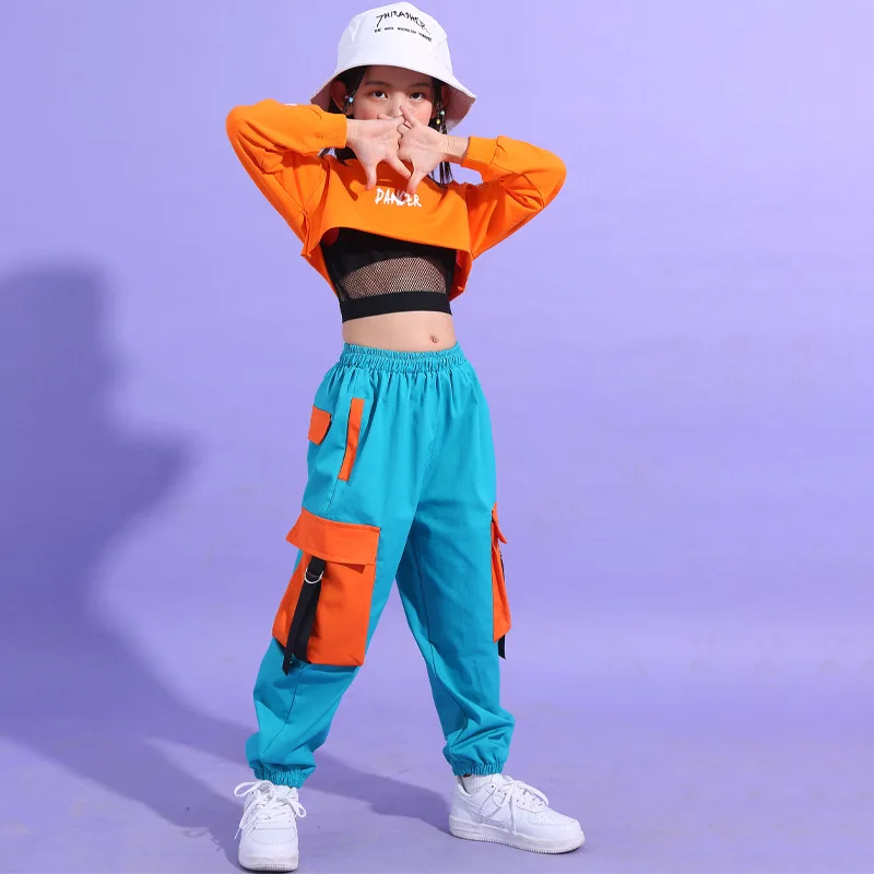 Haut court Hip Hop pour filles, pantalon Cargo contrasté, jogging Jazz, Streetwear, sweat-shirt pour enfants, vêtements de pom-pom girl de danse de rue