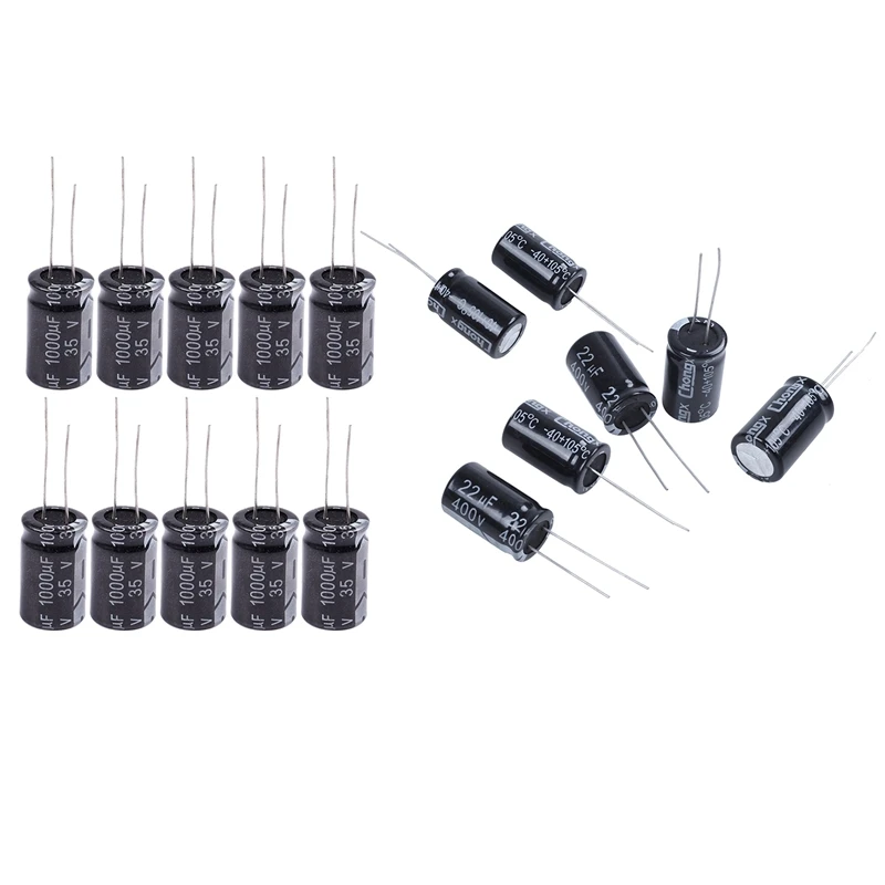 20 Pcs Radial Electrolytic Capacitors Black 13Mm X 21Mm, 10 Pcs 22UF 400V & 10 Pcs 1000UF 35V