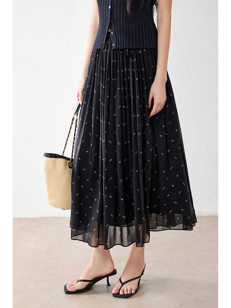

Elegant Artistic Grass Pattern Printed Chiffon Silk Skirt with Drawstring Waist Flared Half-length Women's Spring Fashion