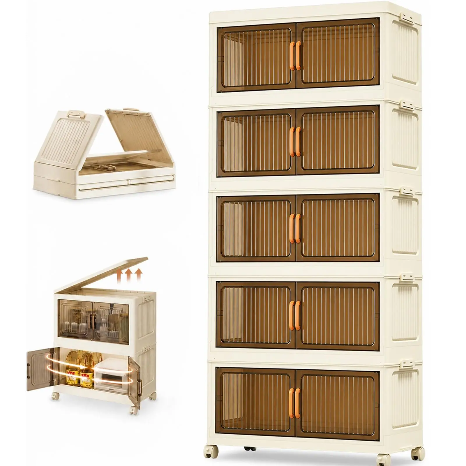 5-Tier Clear Stackable Storage Organizer Cabinet No Assembly Mobile Cart with Rolling Wheels Multifunctional Home Storage Box for Clothes Toys Books Snacks Space Saving College Dorm Essentials