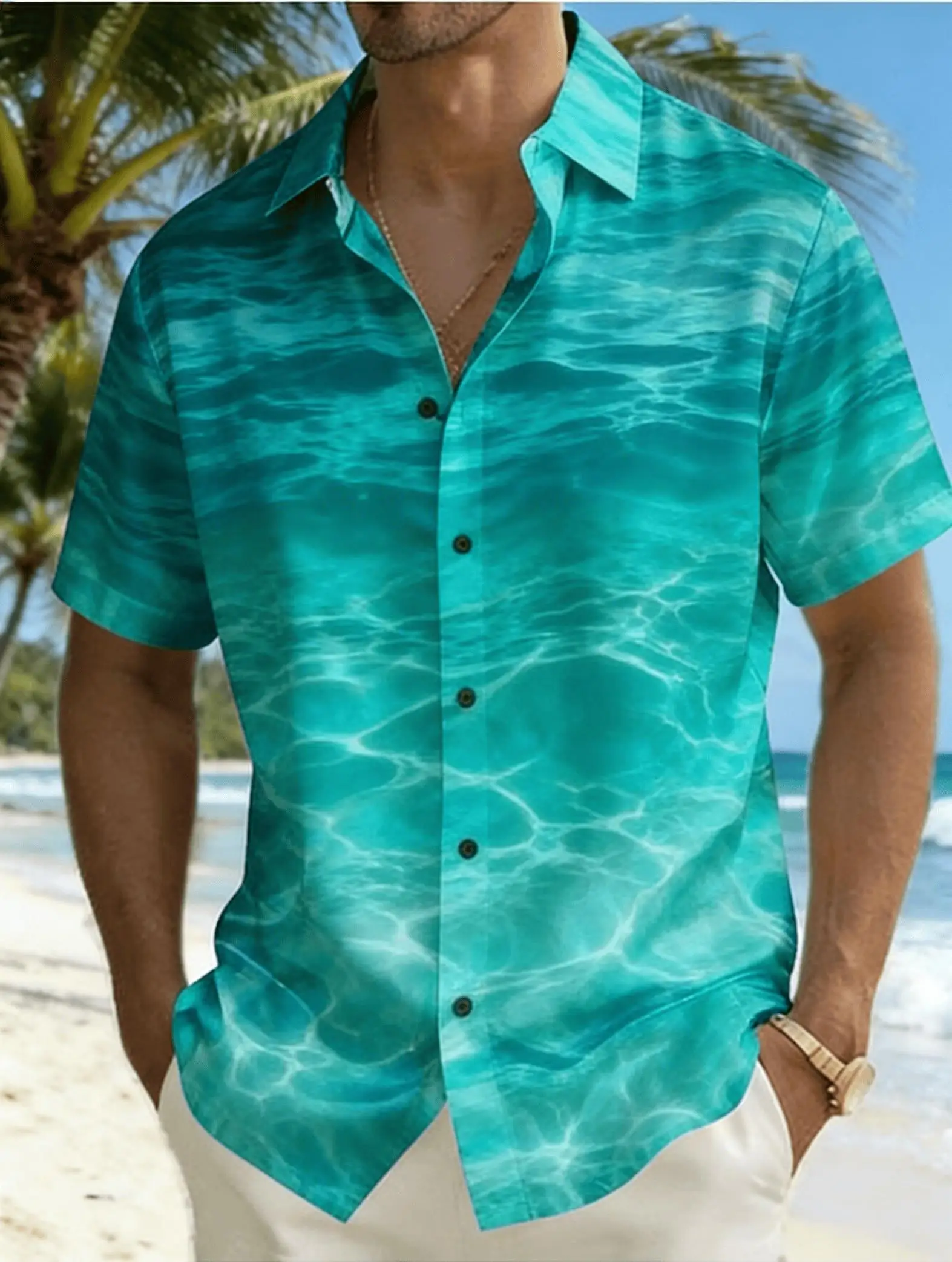 Men's Print Short Sleeve Shirt, Spring Summer Fresh Ocean Hawaiian Vacation Blouse, Loose Casual Top