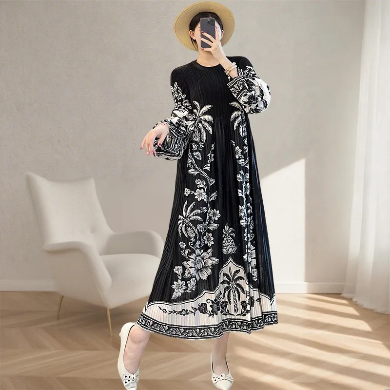 فستان نسائي عتيق مطوي مياكي خريف جديد كم طويل مقاس كبير فضفاض قابل للتمدد طويل أنيق ملابس ركاب أوروبا وأمريكا #1