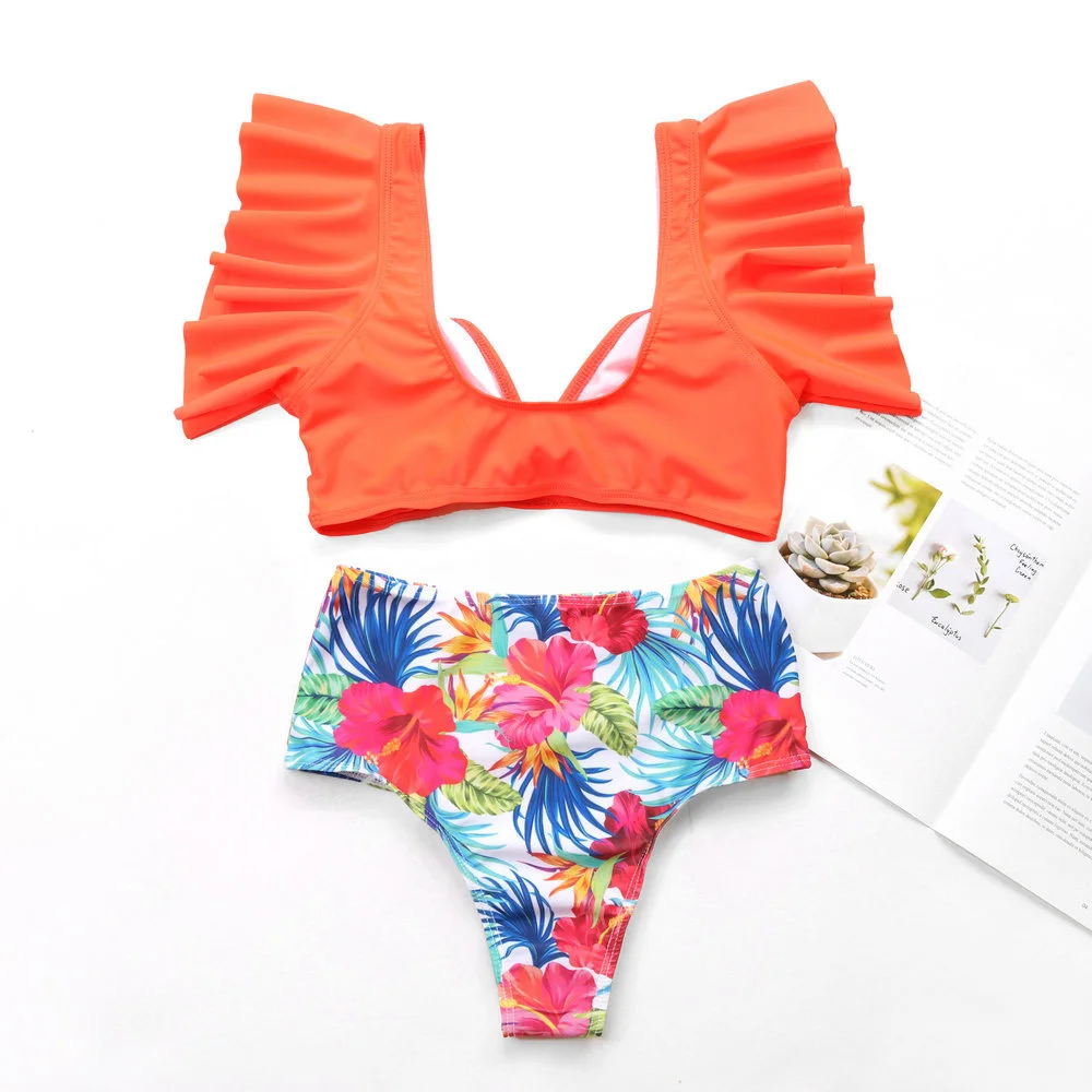 น่ารัก Ruffles Tankini เอวสูงบิกินี่ดอกไม้หรูหราชุดว่ายน้ํา Push Up ชุดว่ายน้ําฤดูร้อนชุดชายหาดชุดว่ายน้ําผู้หญิง Sexys ชุด