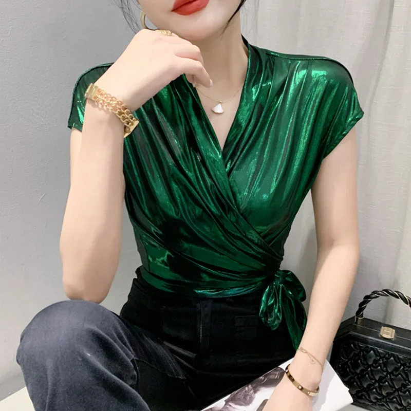 Street Wear Gold Silver Green Shinny Short Sleeve Blouse Women Sexy Irregular Short Wrap Shirt Female Bandage Summer Tops