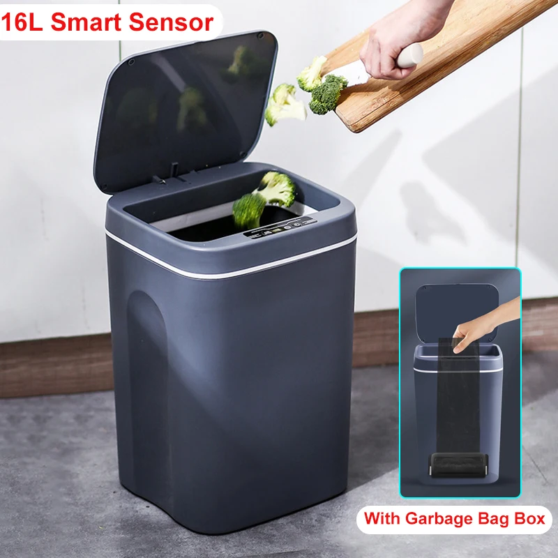 12-16L Smart Trash Can For Kitchen Intelligent Automatic Waste Bin With LED Light Toilet Bin Barthroom Waterproof USB Recharge