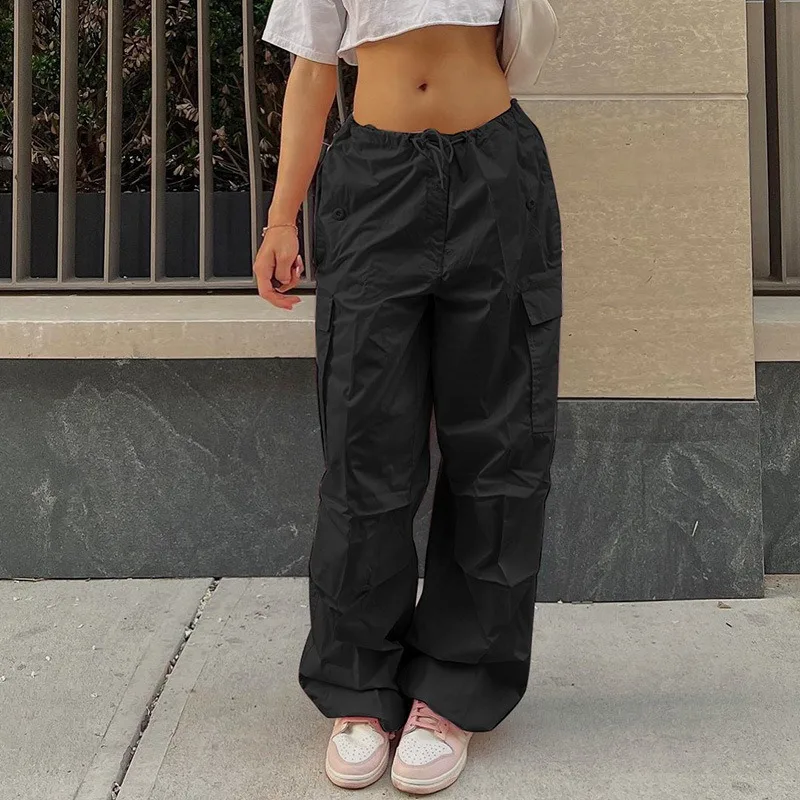 Black Cargo Pants Women New Clothes Streetwear Bandage Fashion Pockets Summer Sports Loose Pants Aesthetic Casual Baggy Trousers