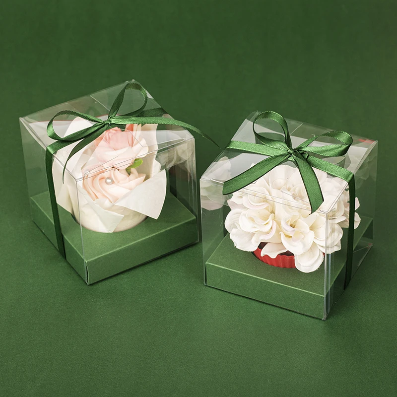 48 Set Forest Green Clear PVC Cupcake Boxes with Hold and Ribbon for Wedding Party Favors (Classic Series)