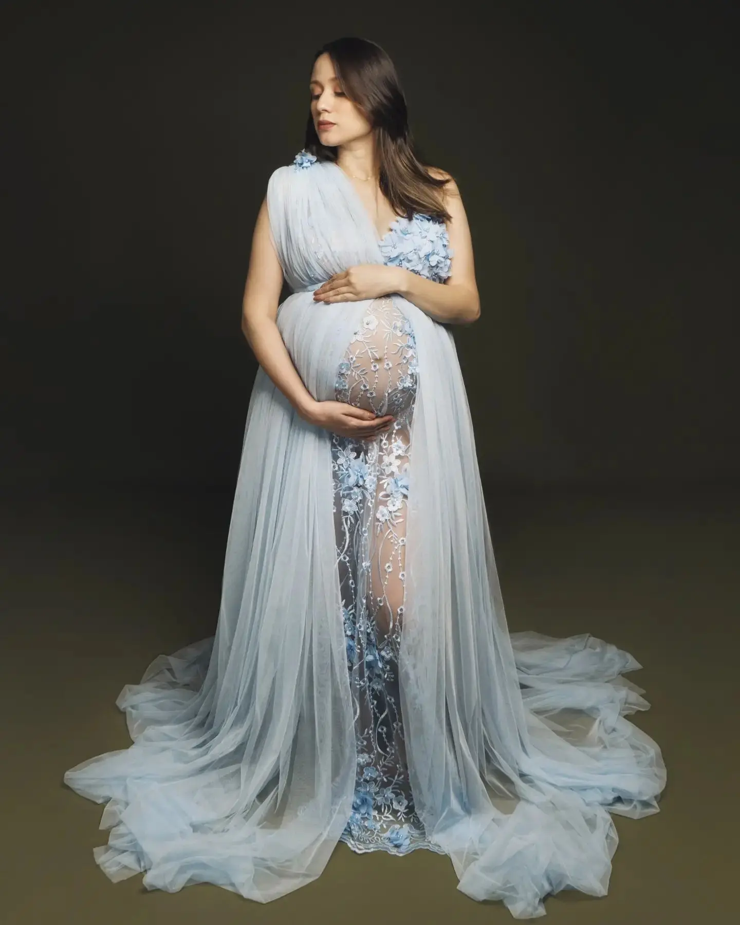 

Elegant Blue A Line Maternity Dresses Lace Appliques V Neck Tulle Women Photoshoot Robes Sexy Side Split Pregnancy Nightgowns