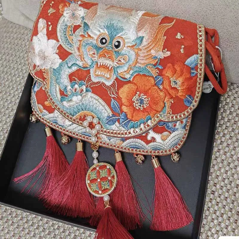 

Chinese Dragon Embroidery Crossbody Bag Red Hanfu Accessory Tassel Pendant Ethnic Style Small Purse for Women
