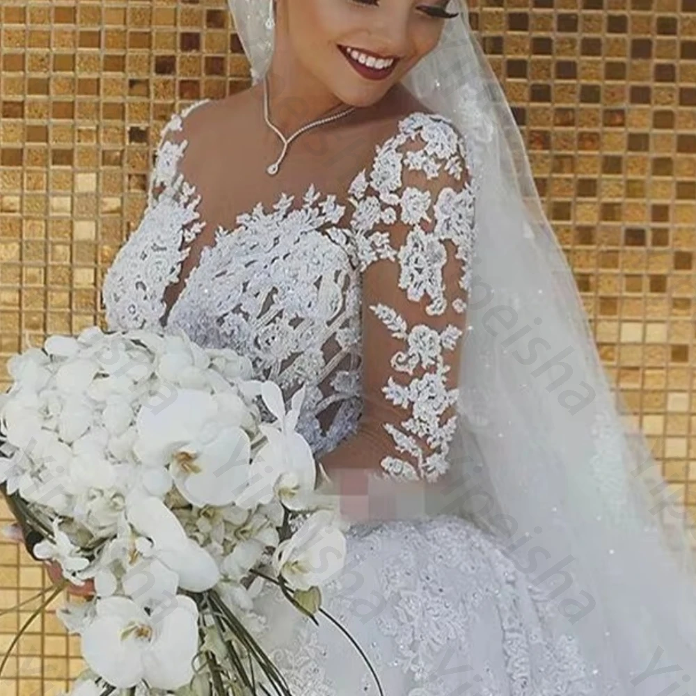 Customized High Quality Luxury Long Sleeve Mermaid Wedding Dresses Elegant Vestido Bridal Tulle Fish Tail Dress Prom Party Gowns