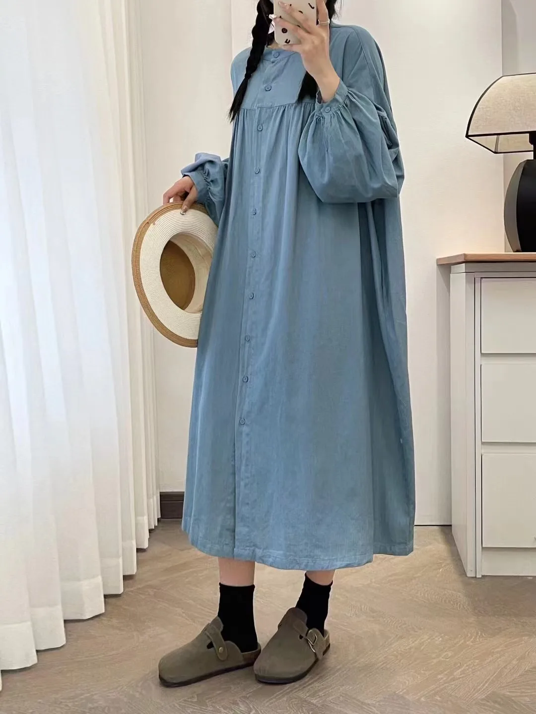 일본 빈티지 모리 소녀 솔리드 컬러 싱글 브레스트 셔츠 드레스 여성 가을 ​​스탠드 칼라 긴 랜턴 슬리브 캐주얼 드레스