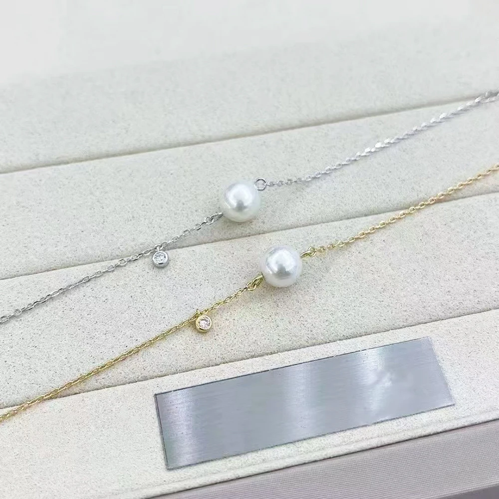 Minimalist Style 925 Sterling Silver Single Zircon Real Pearl Bracelet with 7.5-8 mm Perfectly Round White Akoya Seawater Pearl