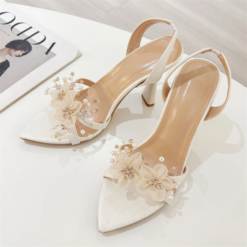 Eilyken CRYSTAL Flower Pointed Toe Women Sandals Summer Fashion Elegant Slingbacks High Heels Party Wedding Shoes view 2