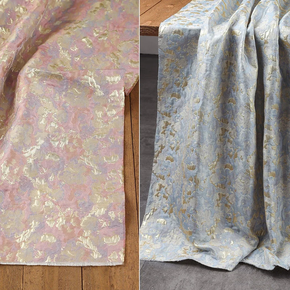 

Pink bule oil painting style gold silk jacquard three-dimensional fabric relief skirt coat curtain clothing designer fabric