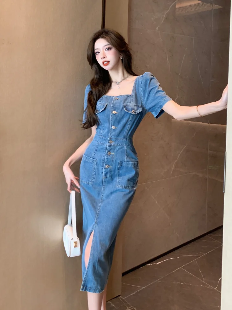 2024 New High Waist Square Collar French Vintage Denim Dresses for Women Blue Elegant Single Breasted Slim Vestidos Fashion Dre