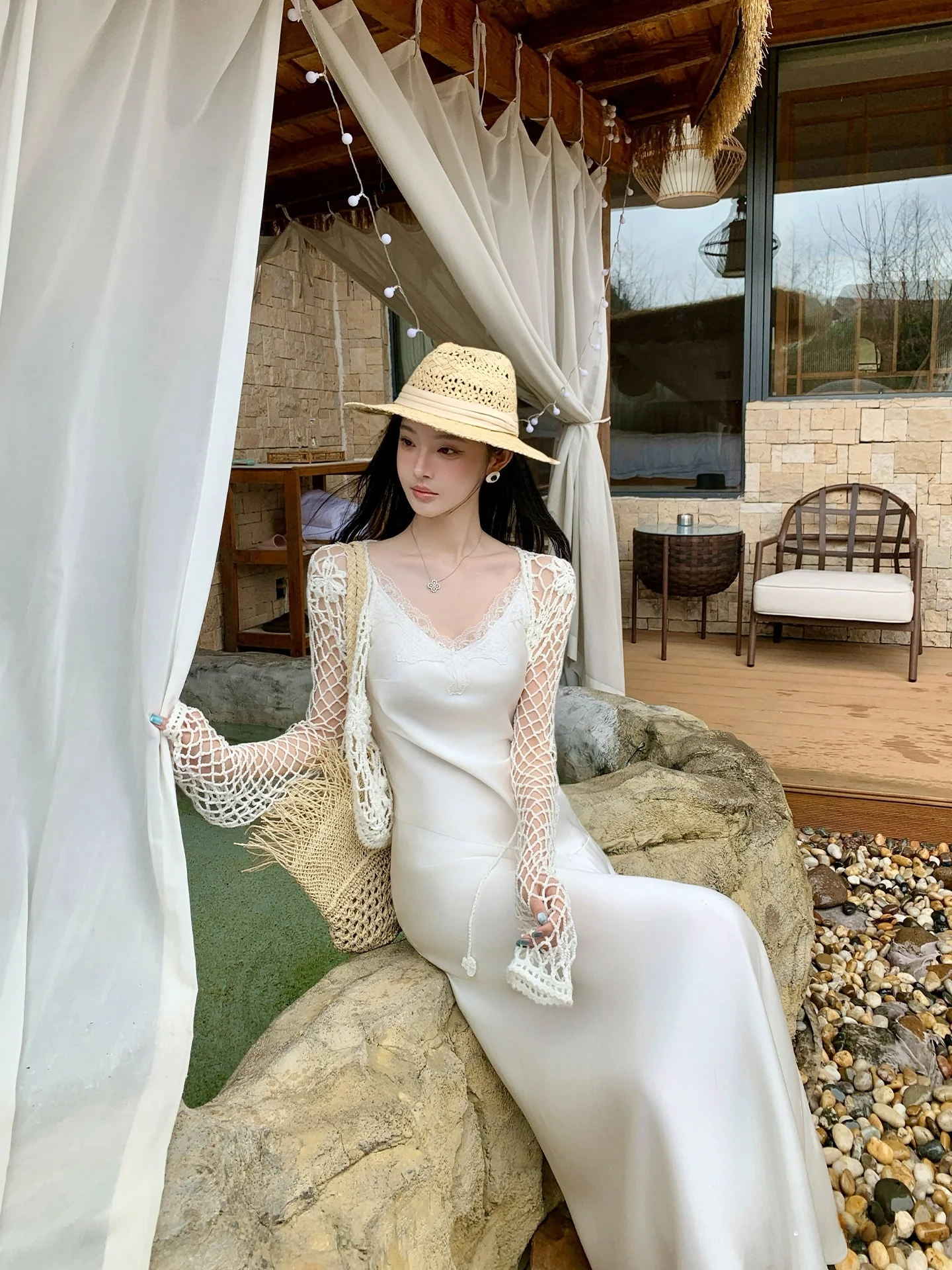 

Вязаный крючком кардиган ALIN ручной работы с ажурным узором, женский, с длинным рукавом, из смесовой шерсти, дизайн «рыболовная сеть», весенняя мода