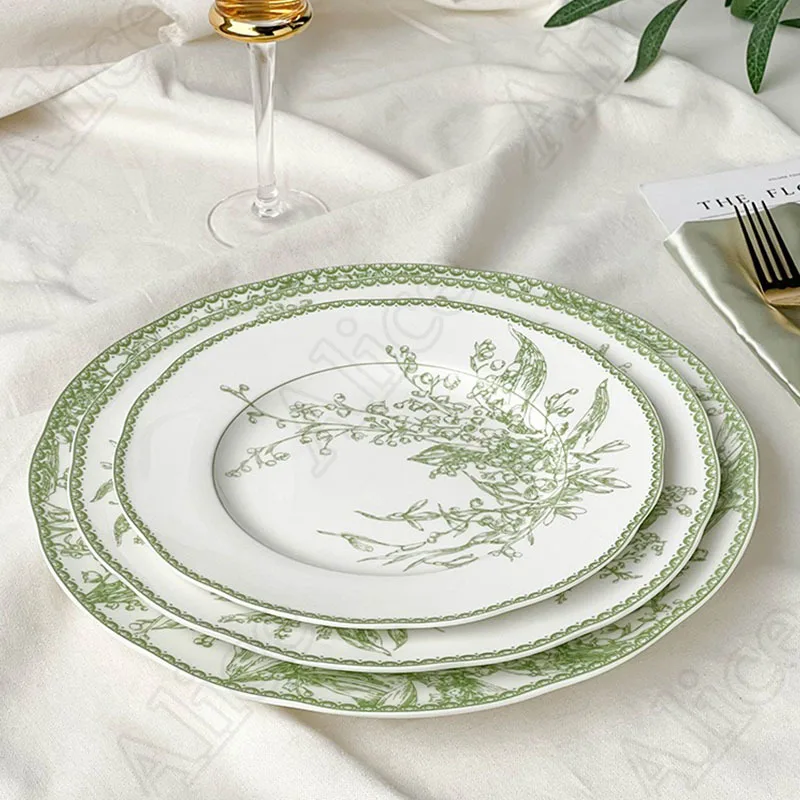 Ceramic Plate Nordic Retro Green Lily of The Valley Dinner Plates European Style Dessert Cake Dishes Rice Bowl Home Tableware