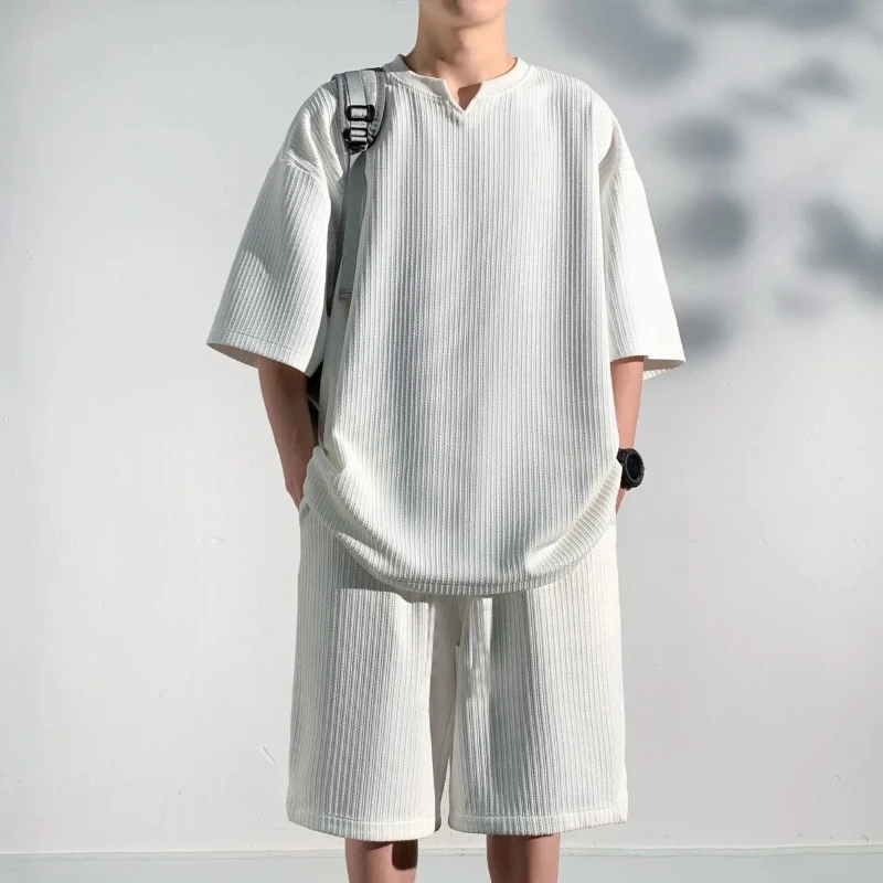 

T-shirts Shorts Suits for Men White Plain Man Sets Outfits Luxury Polyester Two Piece Set Korean Style 2025 Tee Trends Costumes