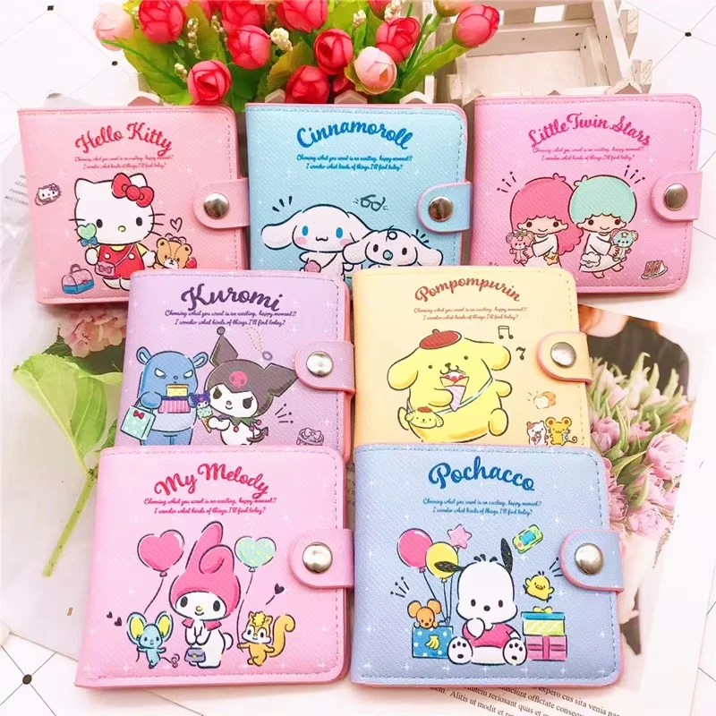 Sanrio Hello Kitty Pu Lederen Portemonnee Cinnamoroll Kuromi Casual Geldzak Melodie met Knoppen Opvouwbare Portemonnee Muntkaart Pakket