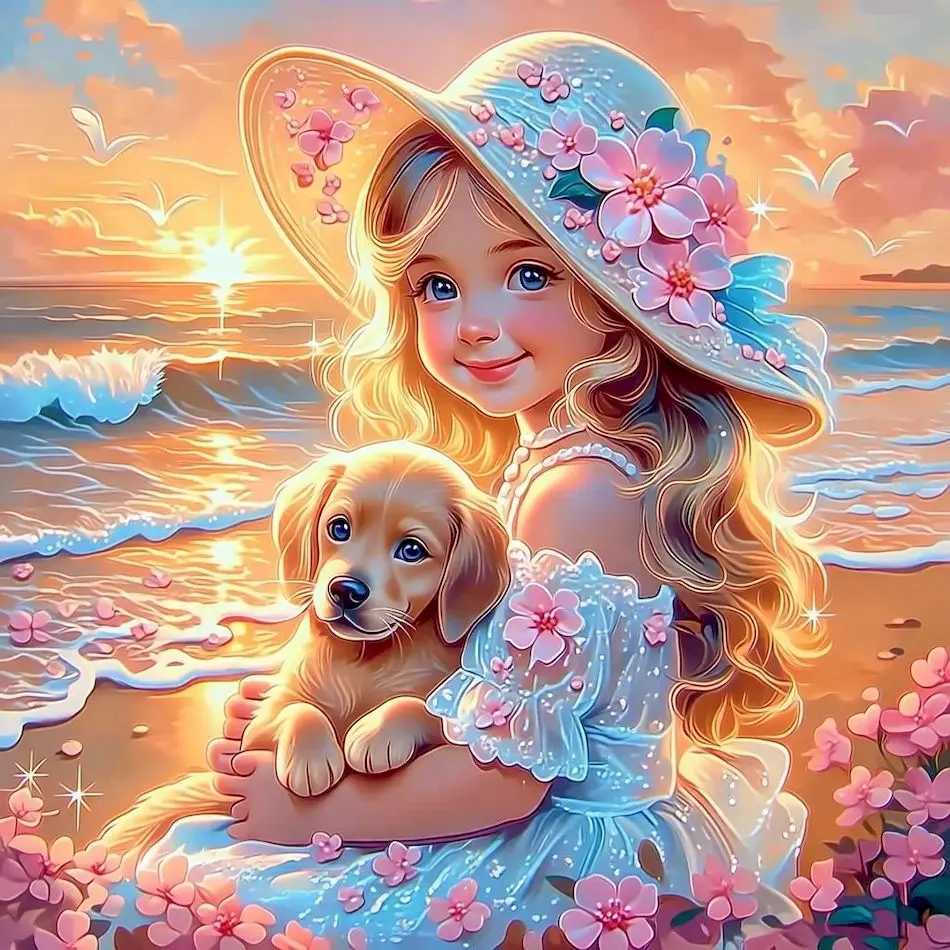 

GATYZTORY 5D DIY Diamond Painting Complete Kit Pet dog and girl Crystal Diamond Art Kit Cross Stitch Kits Needlework Rhinestone