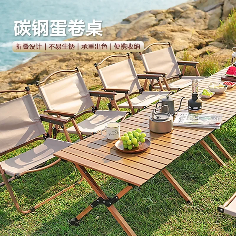 Hooki Outdoor Egg Roll Table Folding Table and Chair Portable Camping Equipment Picnic Table and Chair Set Beech Pine Folding Ta