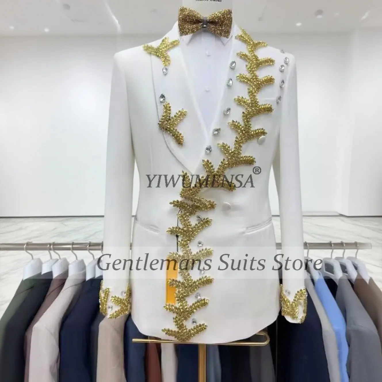 

Luxurious Gold Beaded Stones Suits Men 2 Pieces sSets Double-Breasted Male Suit For Business Meeting Wedding Tuxedo Customized