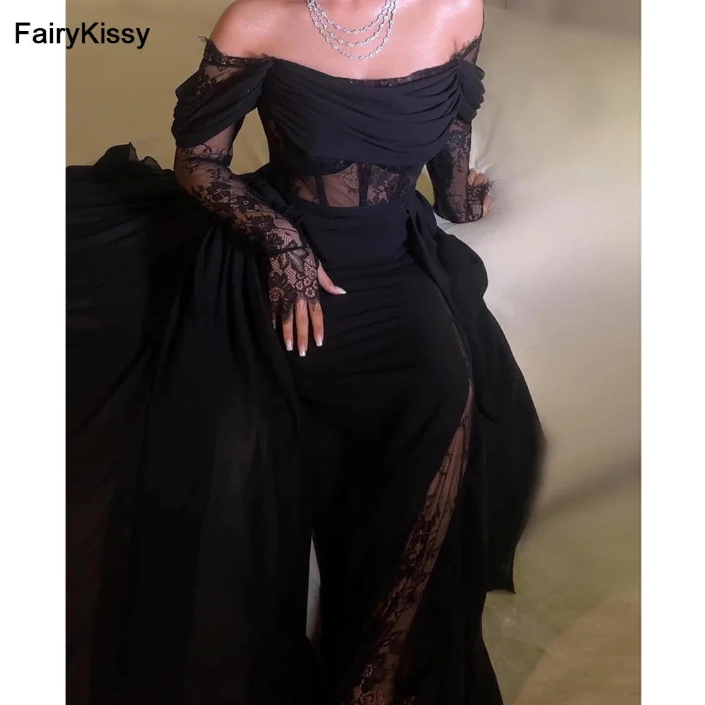 FairyKissy Elegant A-Line Prom Dress Women\'s Off Shoulder Sexy Lace Party Evening Gown Black Floor Length Special Occasion Gowns