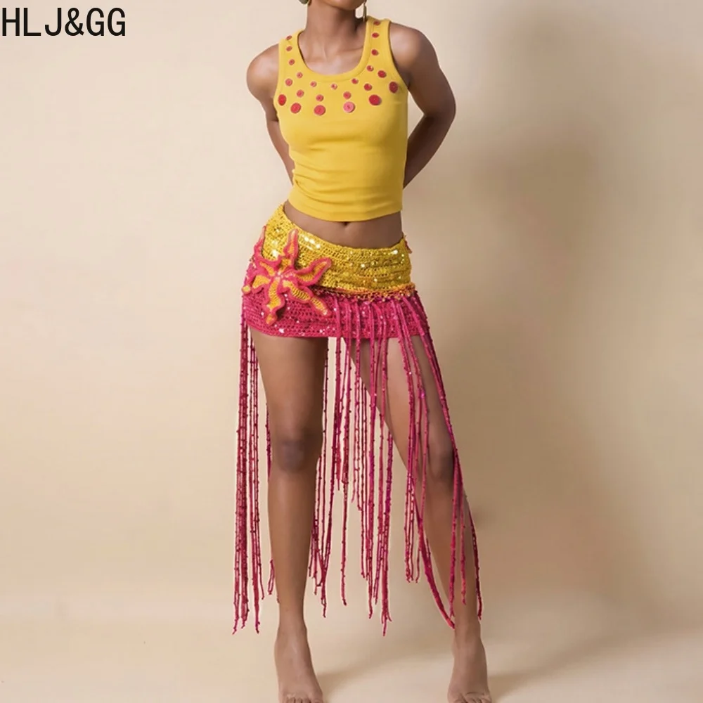 HLJ Trend Knitting Tassel Mini Skirts Women High Waisted Patchwork Design Style Skirts Fashion Slim Vacation Bottoms Clothing