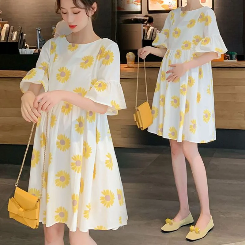 2023 New Maternity Clothes Summer Prints Ruffled Sleeve Easy Matching Loose fleabane Stylish Dress for Pregnant Women Mom Dress