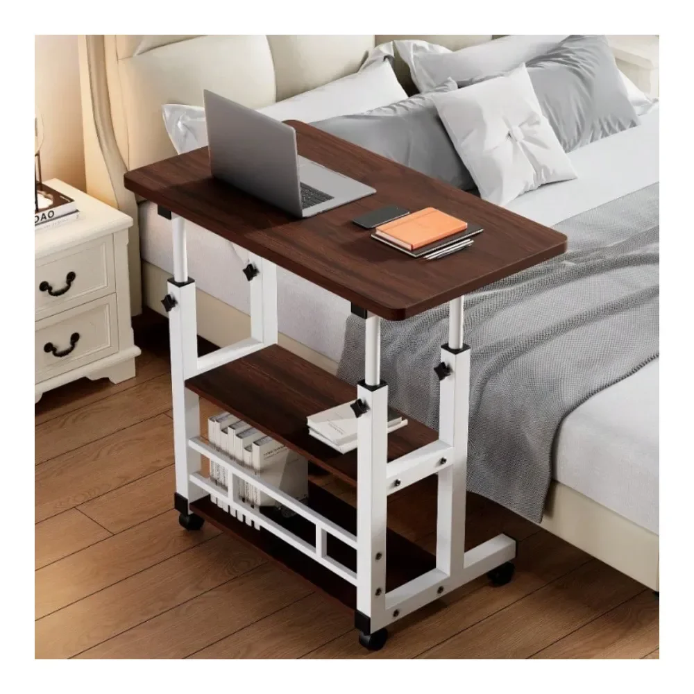 Metal Folding Desk With Wheels Storage Shelf, Height Adjustable Expandable Desktop, For Laptop, Study, Office Work, Rolling Com