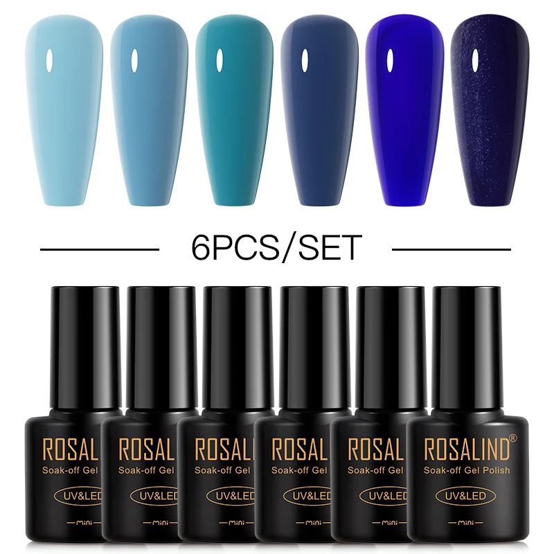 

ROSALIND 6 Bottles Gel Nail Polish Set Semi Permanent UV Gel Varnishes Nail Enhancement Soak Off Base Top Coat Multi Bottle Type