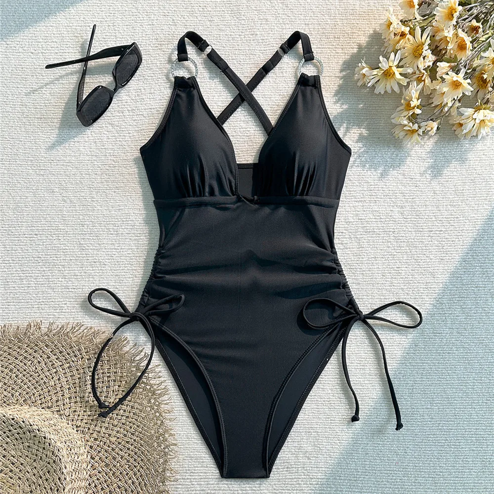 مثير الأحمر عارية الذراعين ملابس امرأة قطعة واحدة ملابس السباحة 2026 حجر الراين حلقة ثوب السباحة الرباط ملابس سباحة Monokini السباحون #5