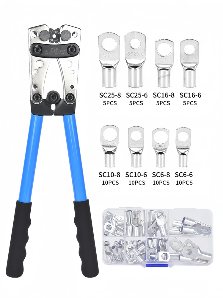 prensagem alicercos tubo terminal hex crimp tool lug cabo de bateria ferramentas de cabo hx50b 6 50 mm 100awg com terminais 60 pcs 01