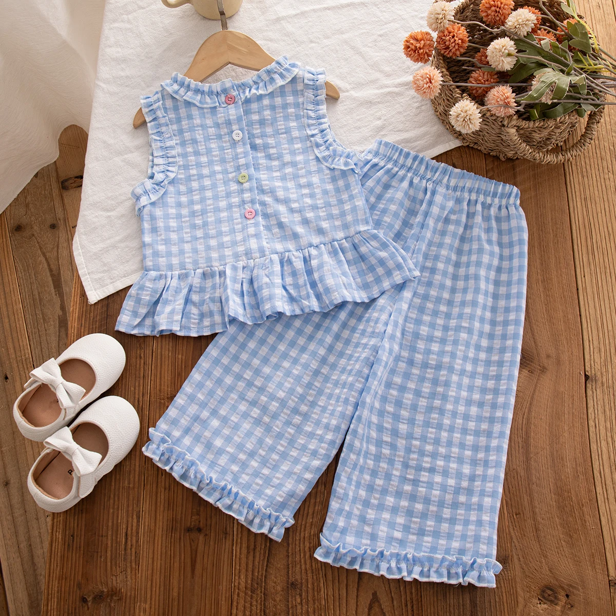 Summer New Baby Girl Casual Two-Piece Set Simple Style Checkered Sleeveless Children'S Clothing (9 Months -4 Years Old)