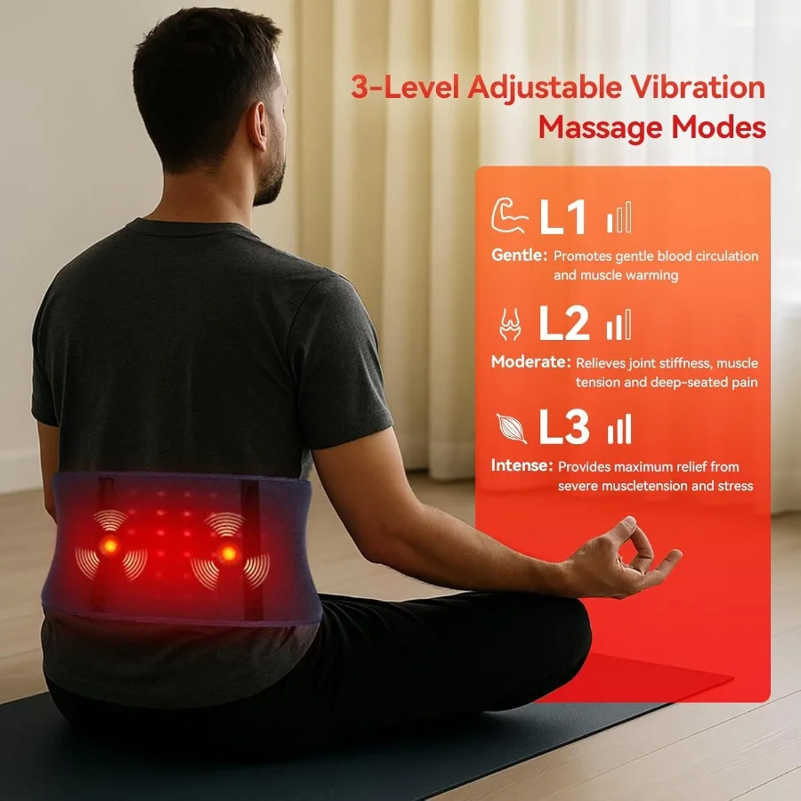 Cintura per terapia della luce rossa senza fili per alleviare il dolore alla schiena e dell'addome: fascia in vita a infrarossi ricaricabile da 5000 mAh con vibrazione a 3 modalità