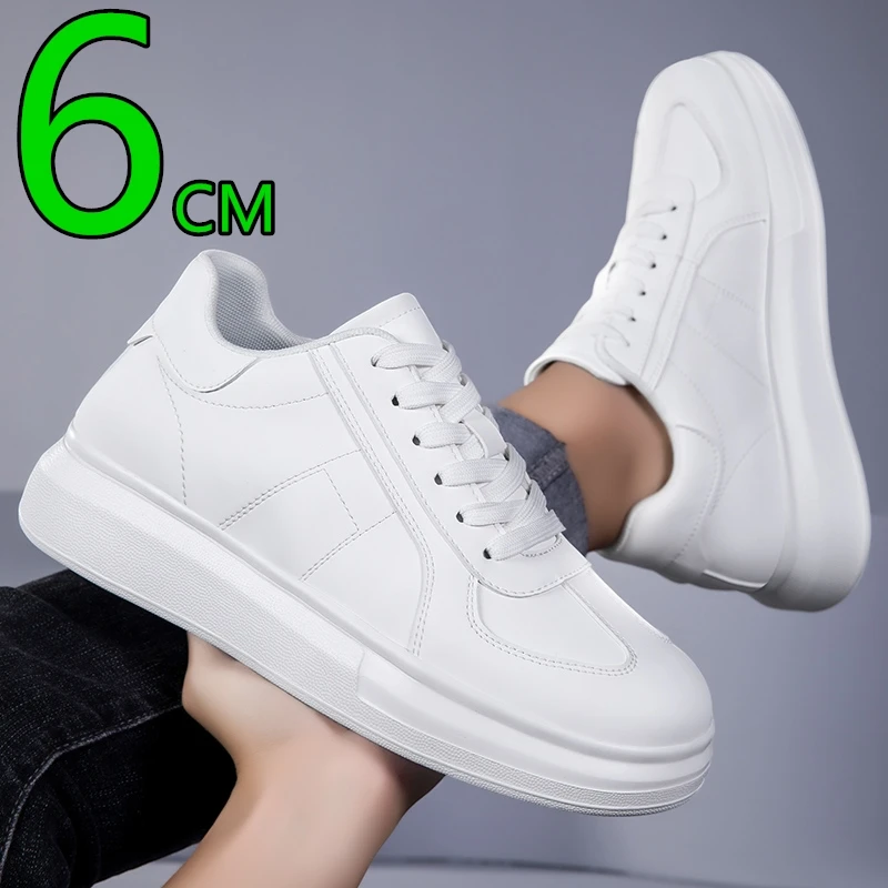 

Унисекс, увеличивающая рост внутренняя обувь 6 см, спортивные повседневные кожаные белые кроссовки на толстой подошве, обувь-лифт для мужчин и женщин