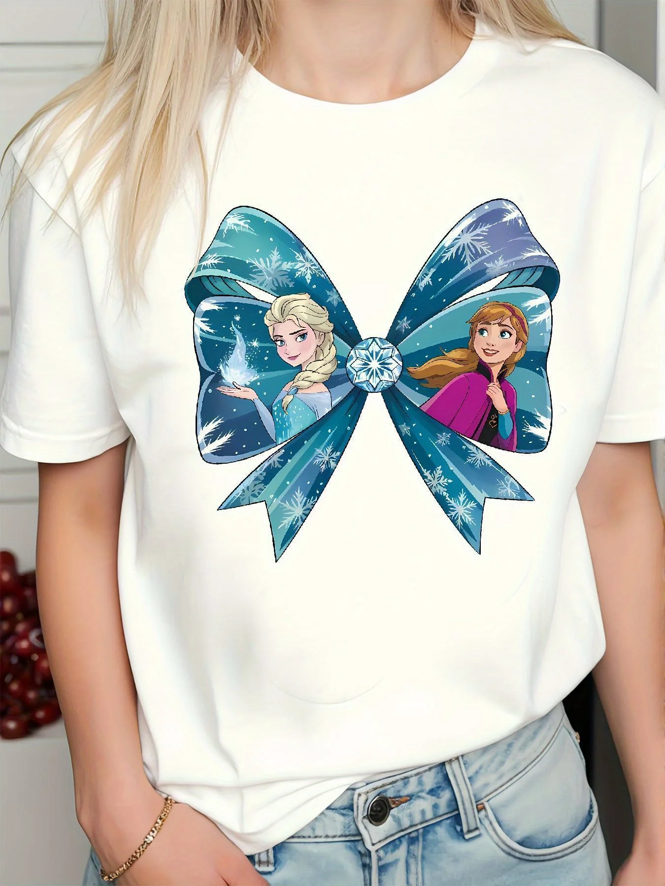 

Сlogan «Let It Go» с узором «Холодное сердце принцессы, дизайн с синим бантом, повседневная мода весны, лета и осени