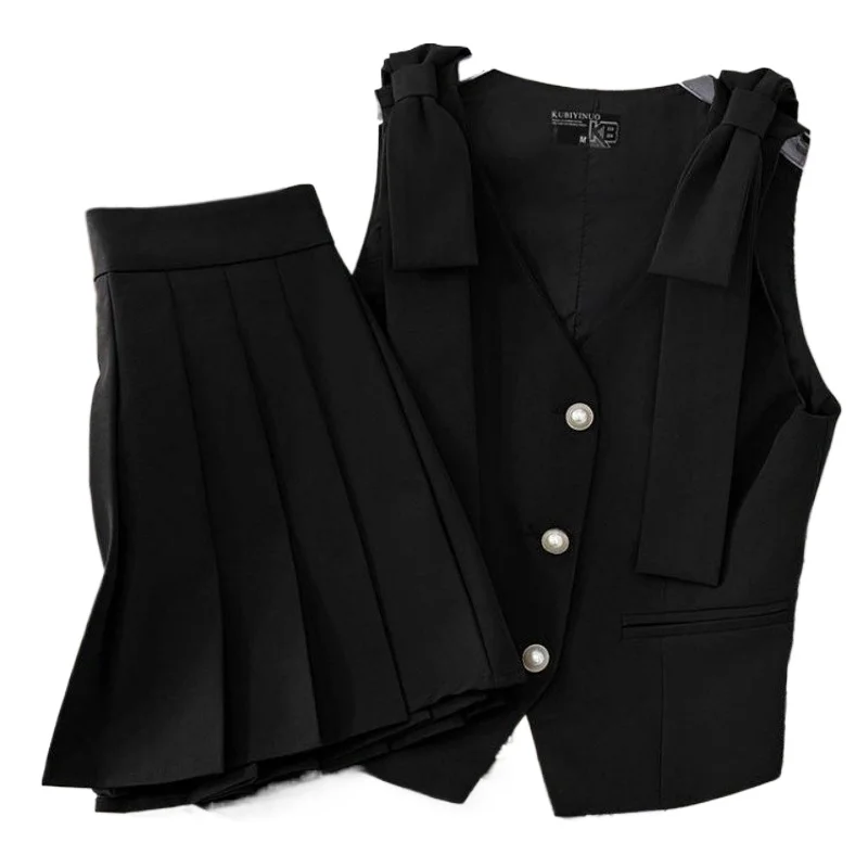 Fashion Design Sense Suit Collar Single Waist Waist Sleeveless Halter Waistcoat + High Waist Pleated Skirt Two-piece Set Women