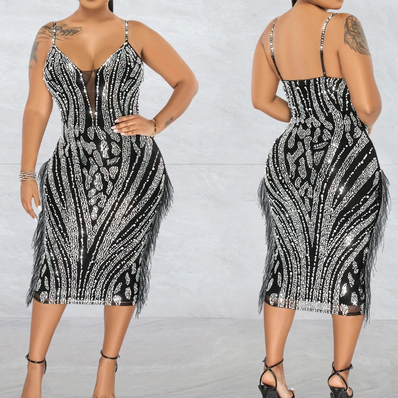 Vestido largo ajustado de malla transparente para mujer, vestido Sexy sin mangas con cuello en V y diamantes de imitación brillantes, vestido de fiesta para discoteca