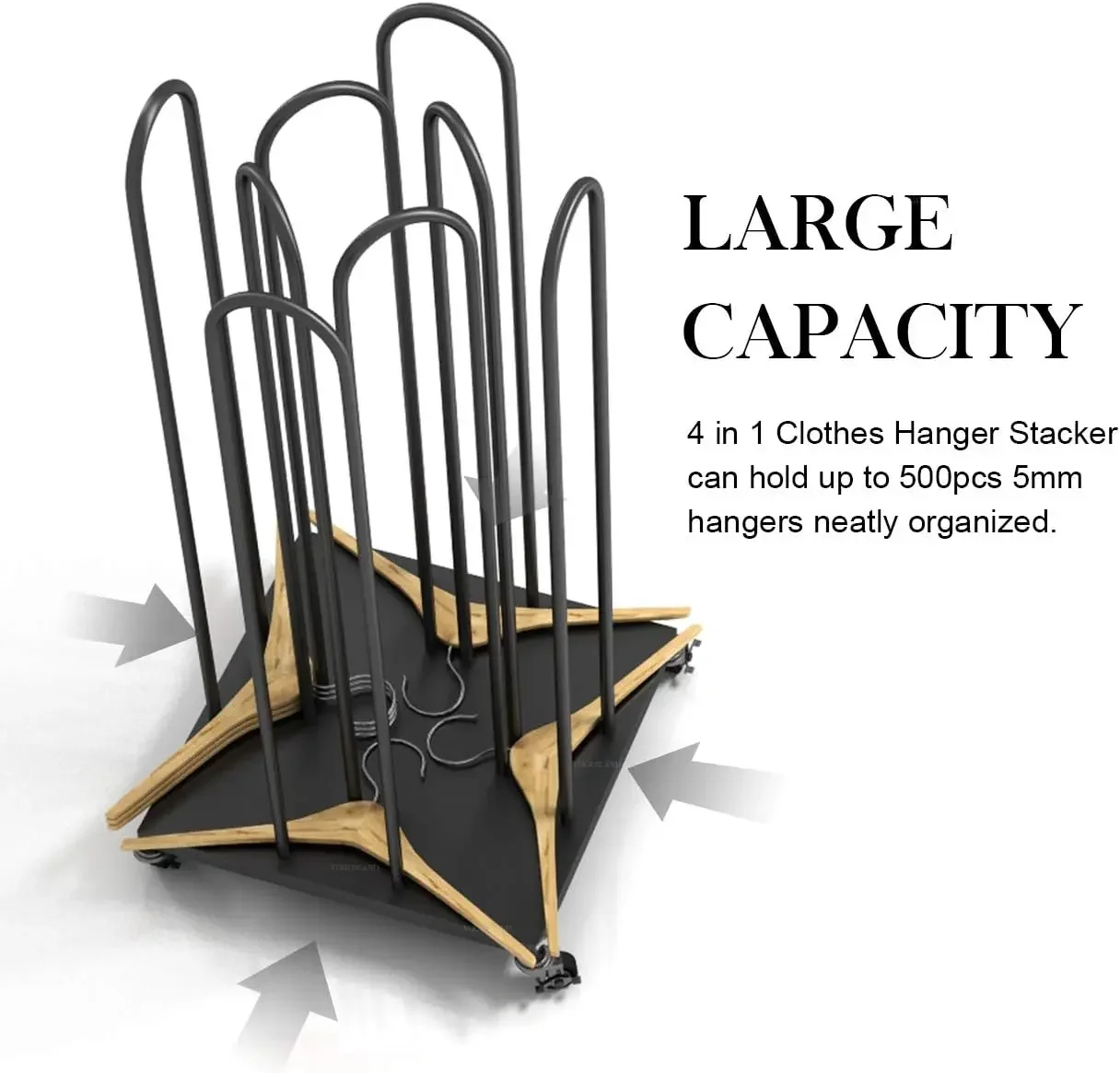 مكدس منظم شماعات، حامل شماعات 4 في 1 مع عجلات دوارة لغرفة الغسيل، متجر البيع بالتجزئة (أسود، 1)